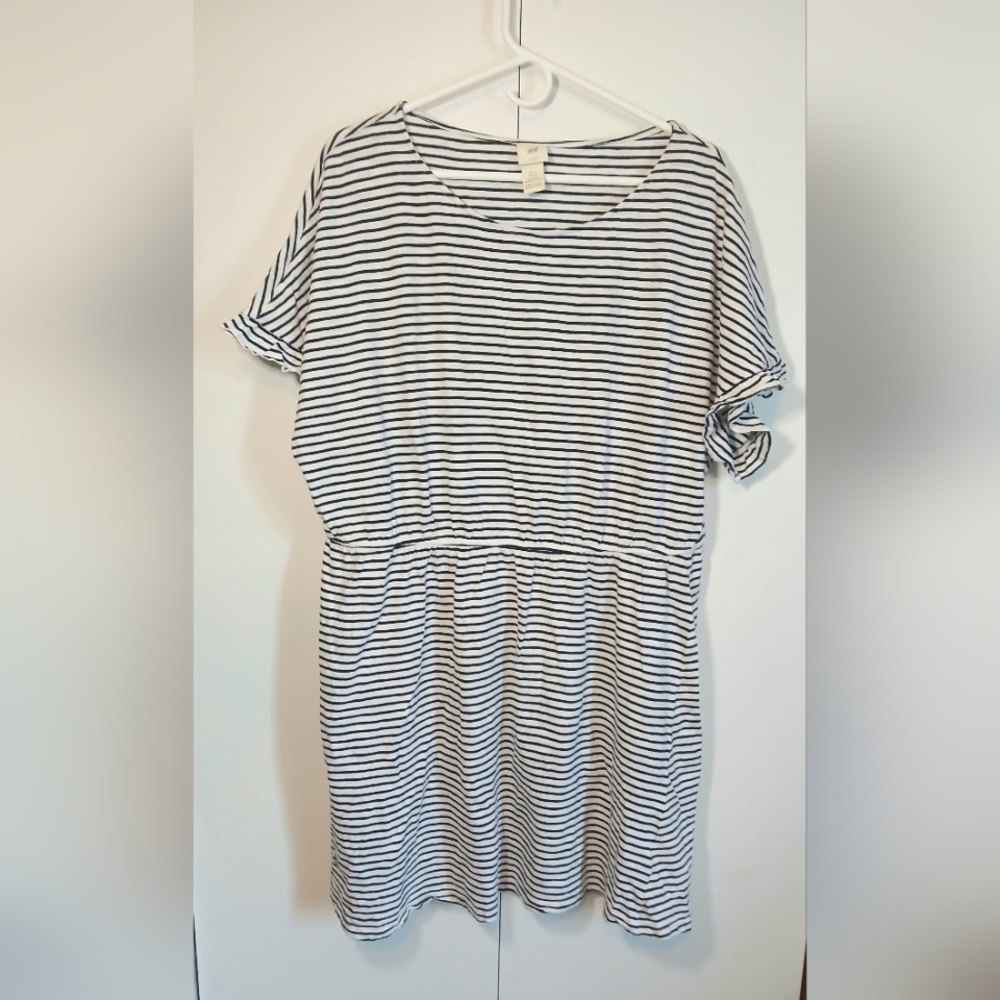 H&M 100% Cotton Striped Batwing Sleeve Dress | White & Navy | Size XL | NWOT
